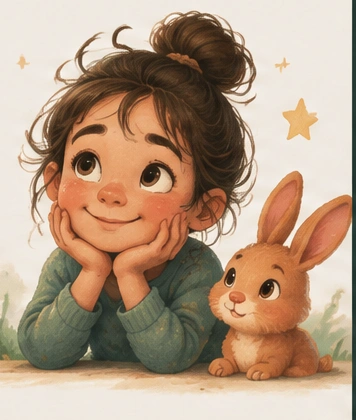 A softly illustrated child imagining an adventure with a rabbit