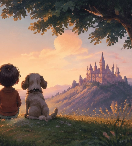A child and a dog looking toward a faraway castle in a warm sunset